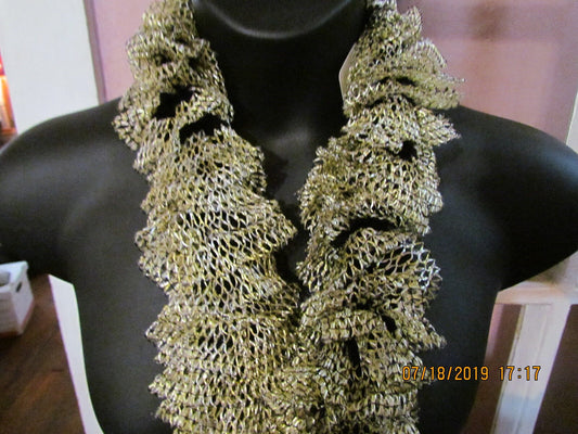 Hand Knit Scarf/Boa Gold Metallic Ruffle Sassy Lace