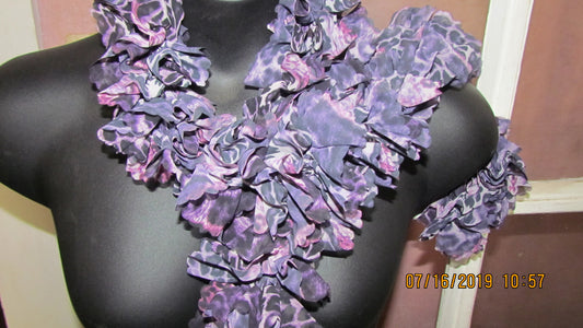 Hand Knit Scarf/Boa Lavender and Black Leopard Print Ruffle Fleecy
