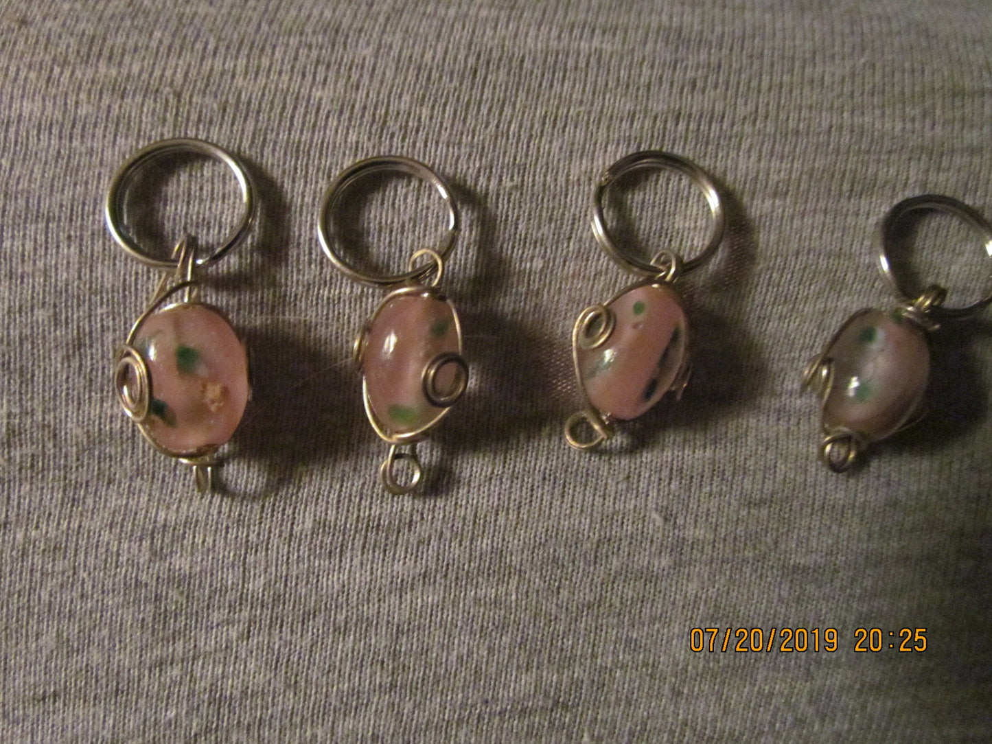 5 Wire Wrapped Stitch Markers Pink with Green Polka Dots Glass Beads