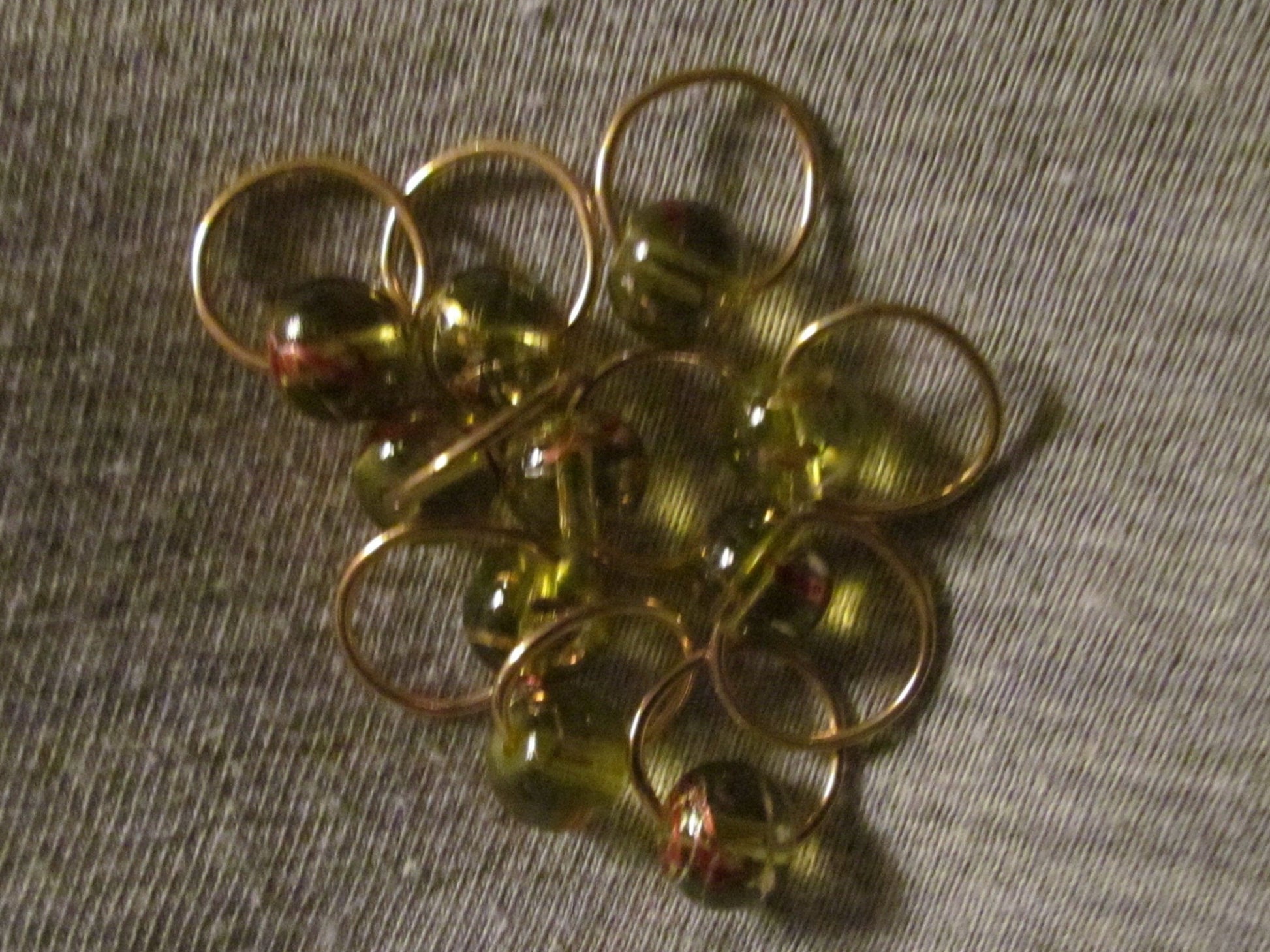 10 Light Green with Red Markings Stitch Markers Glass Beads