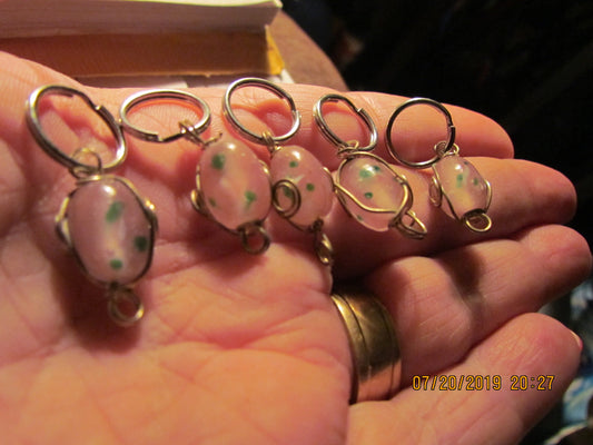 5 Wire Wrapped Stitch Markers Pink with Green Polka Dots Glass Beads